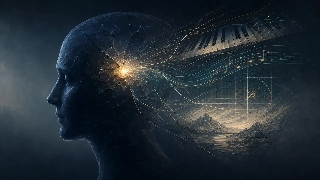 A cracked indigo head silhouette with a small glow unfolding into musical, mathematical, and artistic patterns.