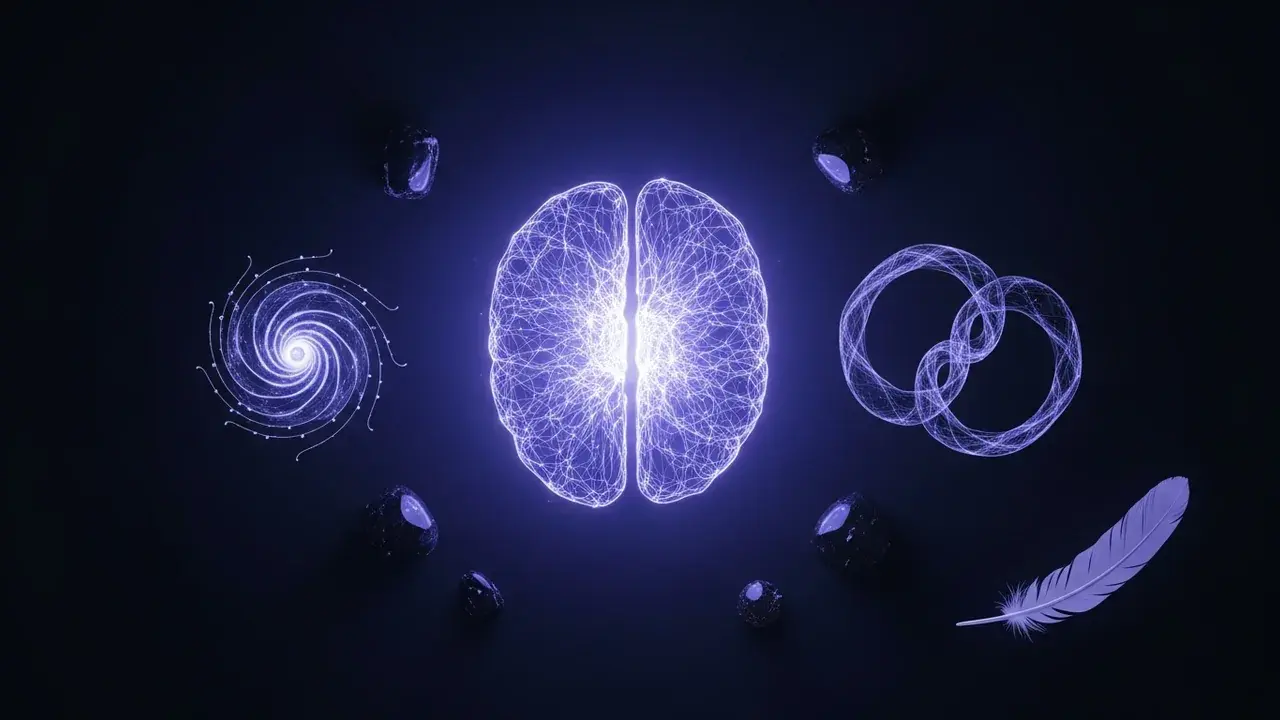 An intricate, glowing neural network subtly forms a head-like silhouette against a dark background, symbolizing the brain creating consciousness.