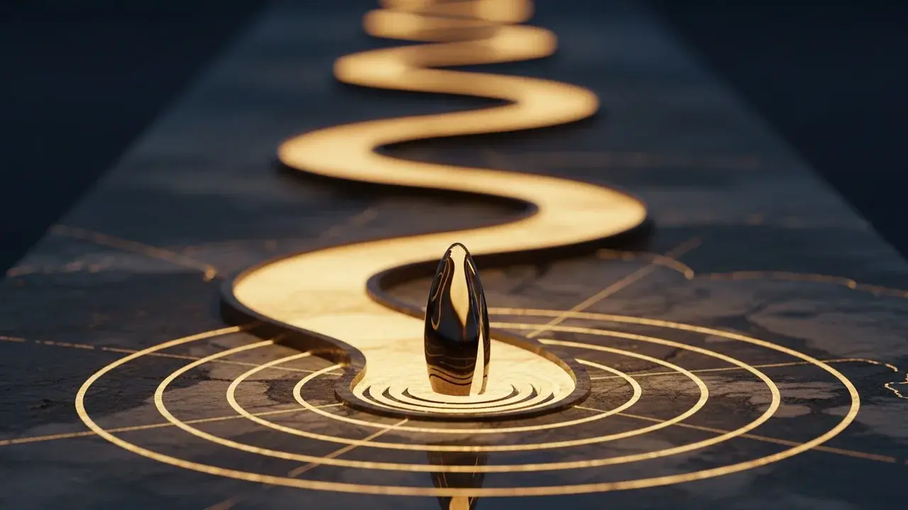 A symbolic illustration of destiny, showing a detailed, unchangeable path carved into an old map, leading an anonymous figure towards a fixed endpoint.