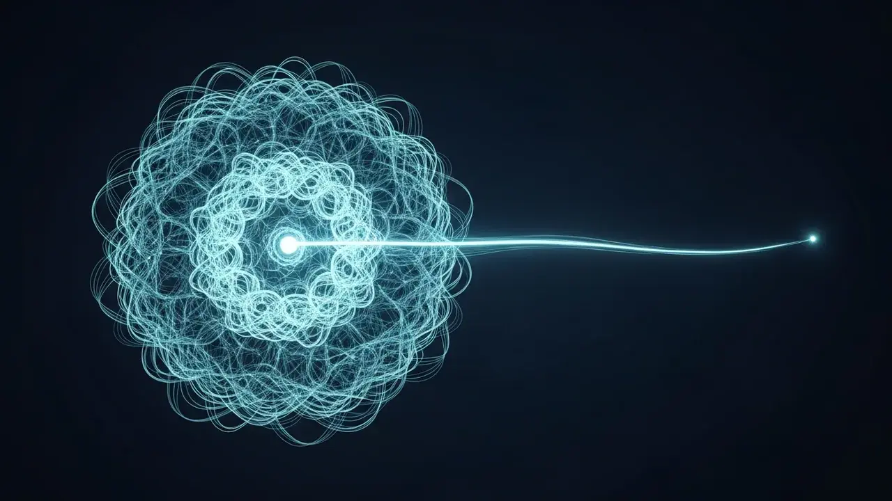 A complex, interwoven structure of shimmering threads, from which a single, continuous stream of light slowly emerges.