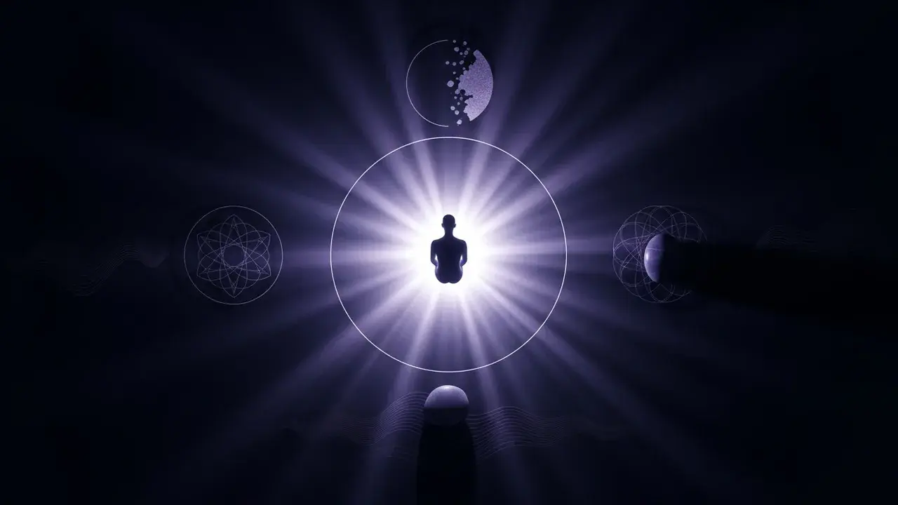 A single seated figure dissolves softly at its outer edges into surrounding luminous space.