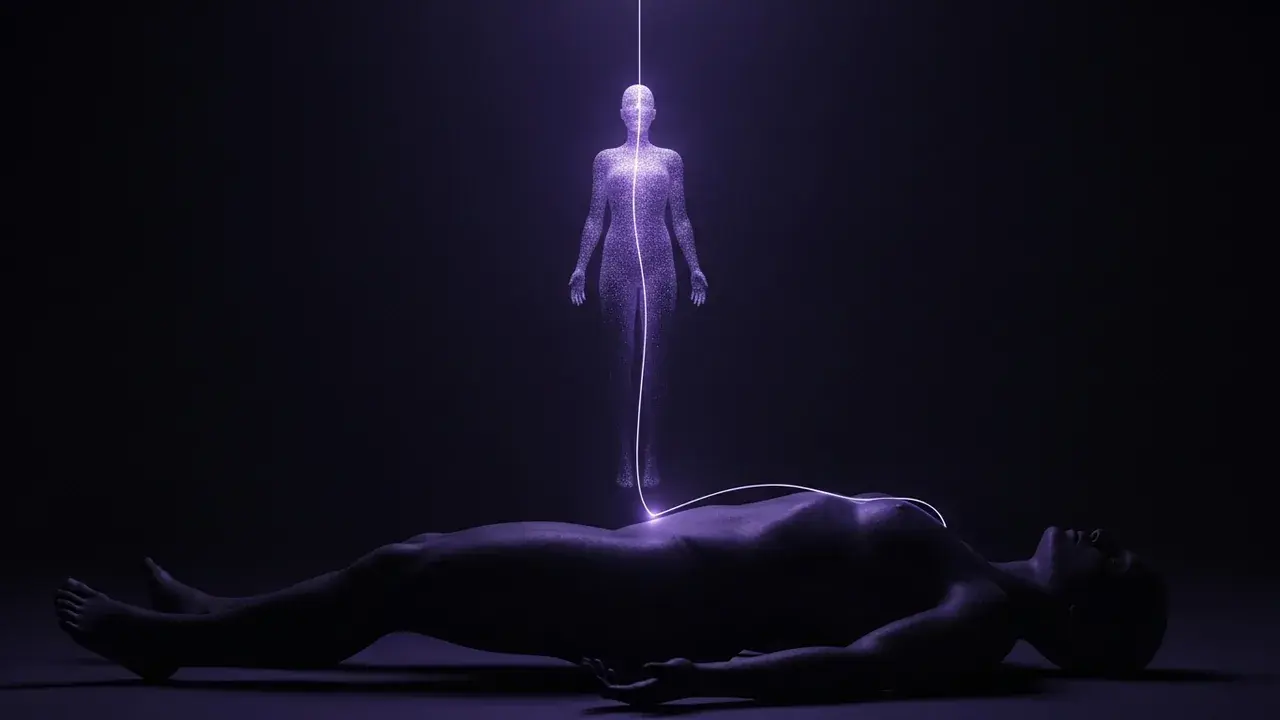 A glowing, ethereal human silhouette hovers above a dark, solid anatomical form, connected by a delicate thread of light.