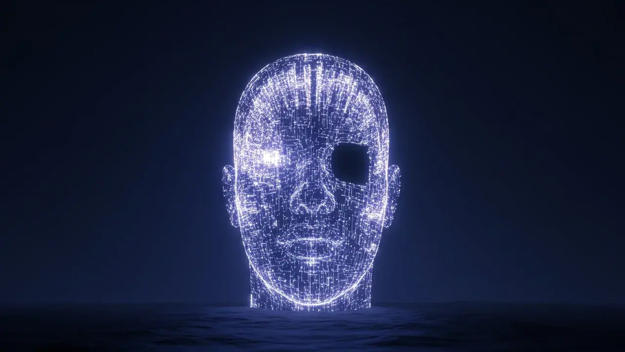 An intricate, glowing network of abstract digital circuitry forms a human head silhouette, with one small, unlit chamber inside.