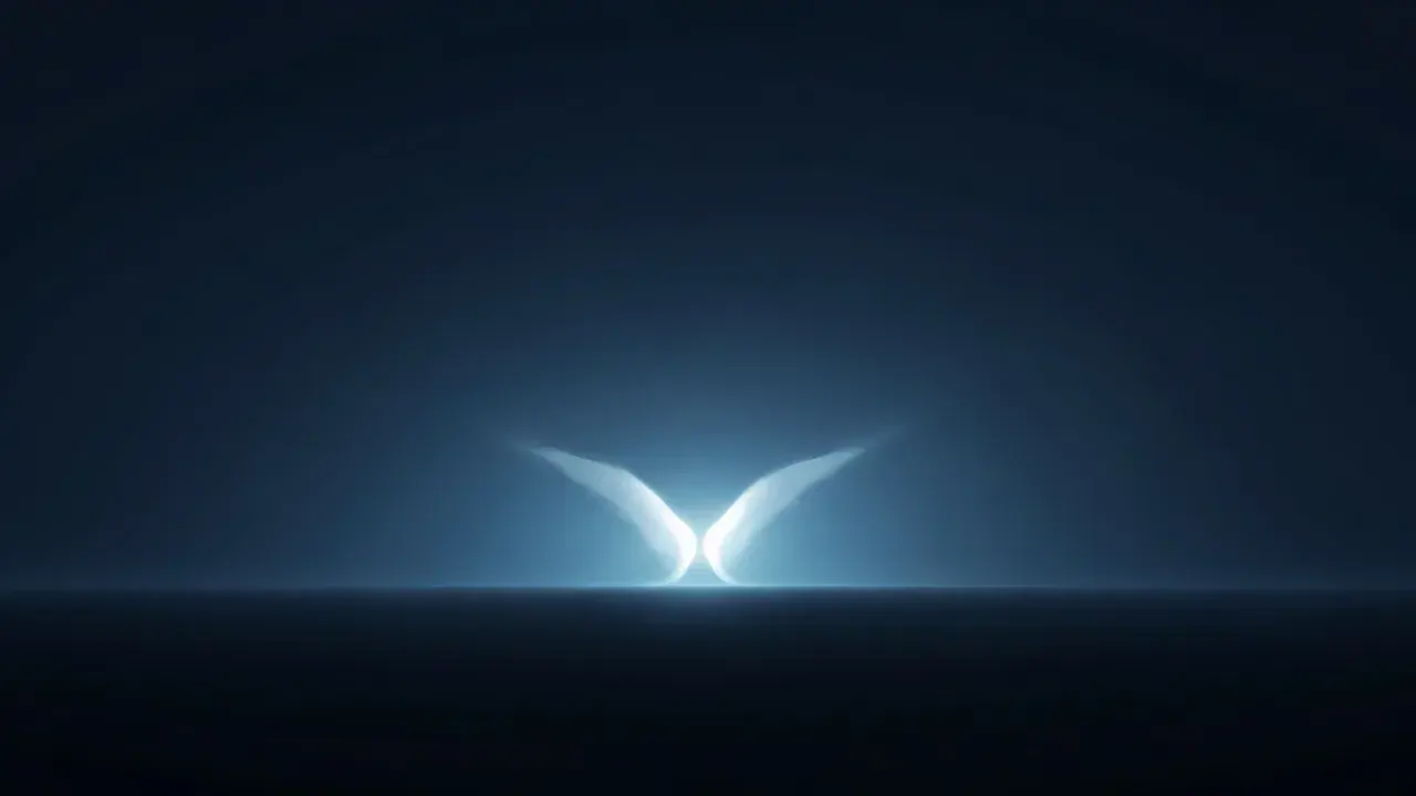 A pair of tall, simply-rendered translucent wing forms catches soft directional light against a pale background.