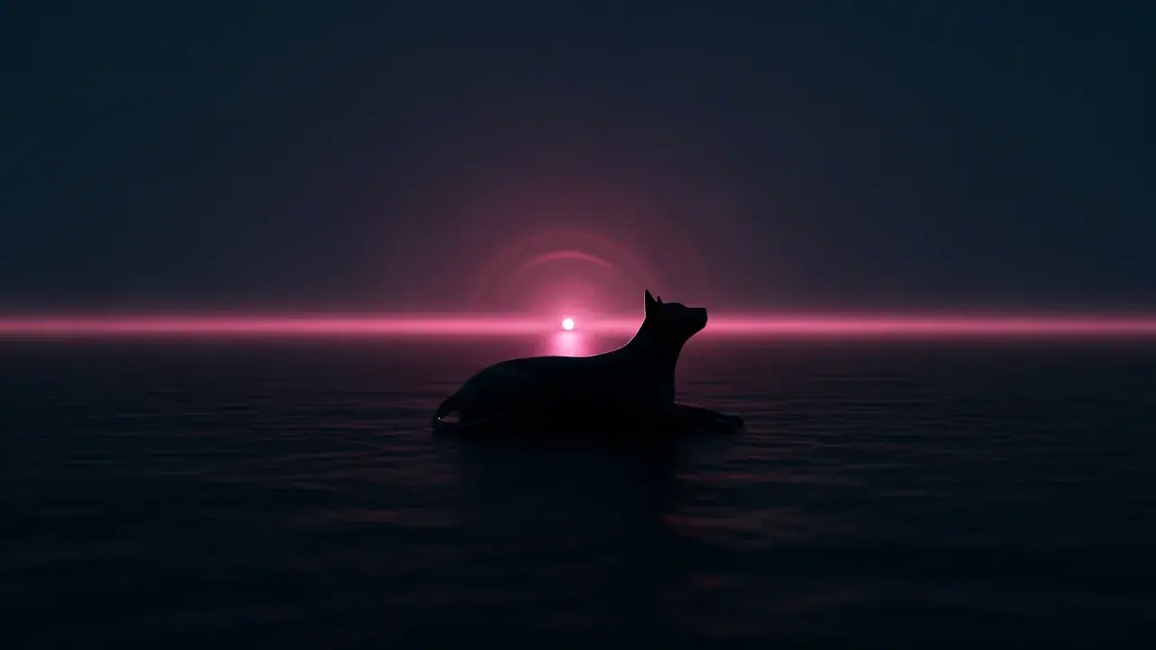 A lone animal silhouette sits in a dim space, sensing a faint, distant ripple of energy from an unseen source.