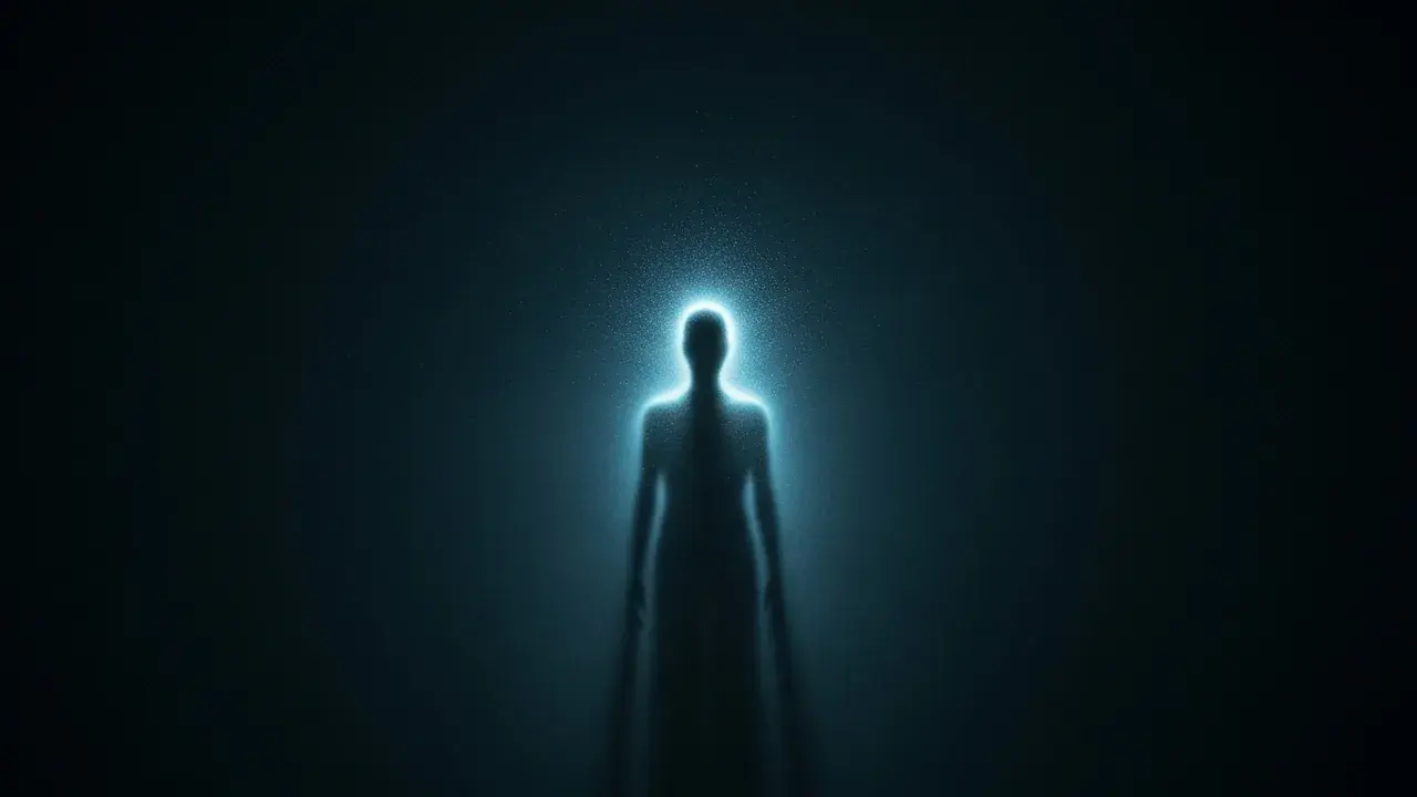 A faint, translucent human-like silhouette emerges from a subtle shimmering mist in a quiet, dimly lit space.