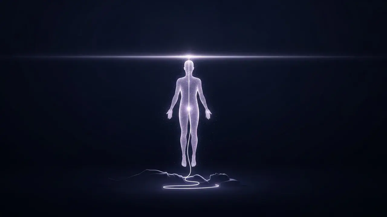 A translucent human silhouette floating above a sleeping body, connected by a faint shimmering cord of light. The silhouette drifts towards a distant glowing horizon.