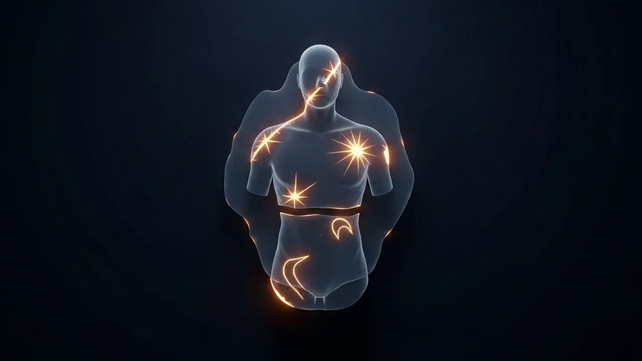 A new, nascent human form overlaid with a translucent, ethereal form bearing subtle glowing imprints of old wounds.