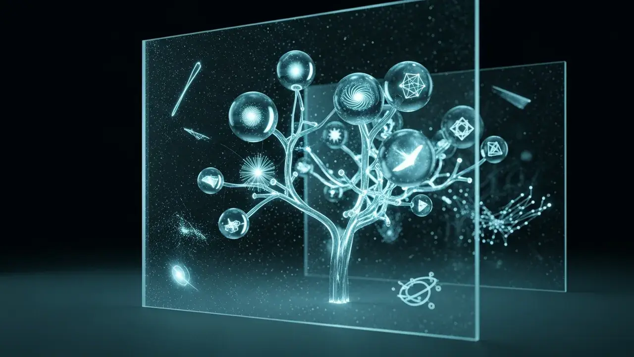 A transparent, glass-like block contains multiple frozen moments, representing the simultaneous existence of past, present, and future.