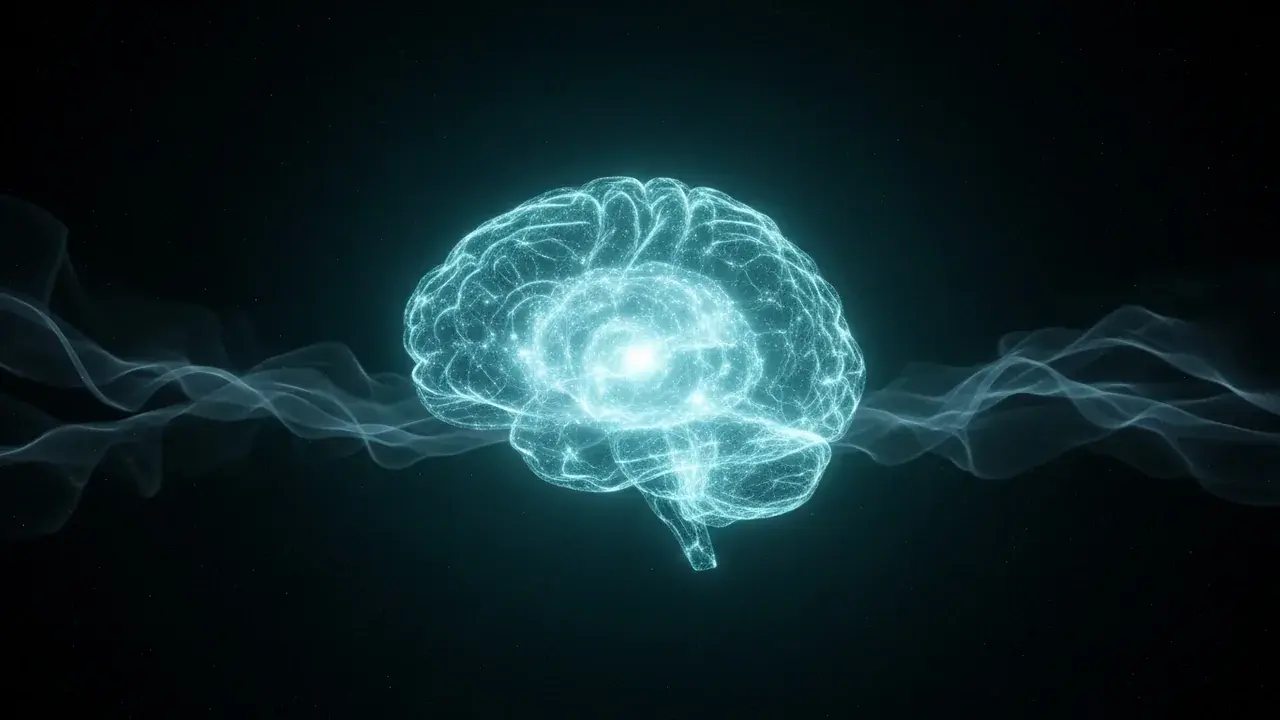 An ethereal, glowing brain-like structure emerging from a chaotic cosmic cloud in a dark void, with faint light tendrils representing memories.