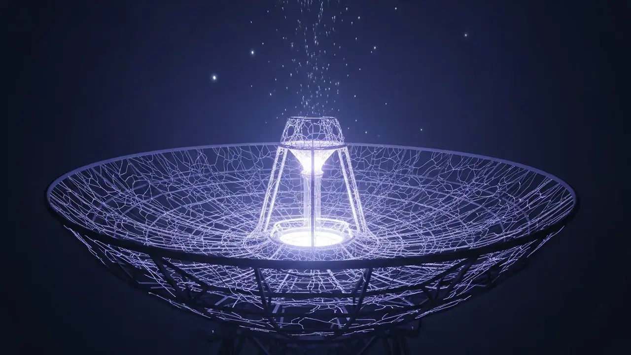 An intricate, glowing neurological structure depicted as a receiver antenna, drawing luminous signals from a dark, ethereal space.