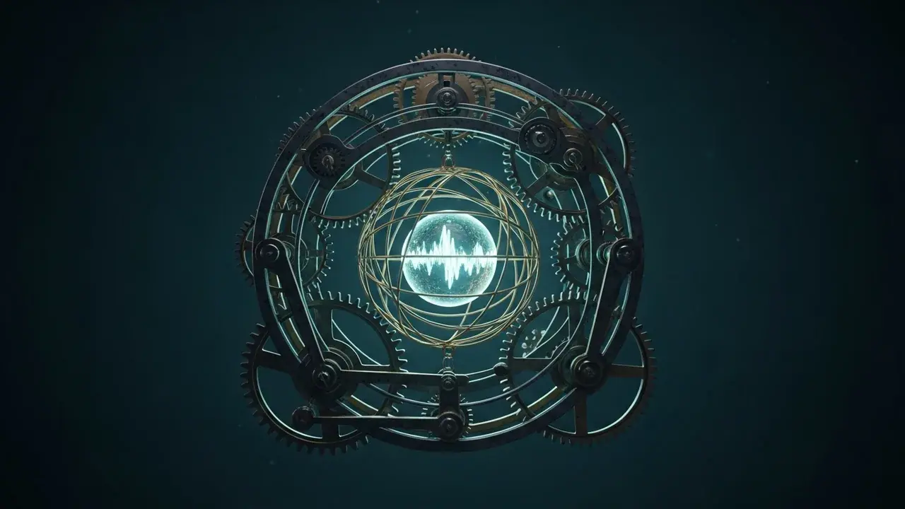 An intricate clockwork mechanism with glowing gears, containing a luminous sphere that subtly alters its path within the system.