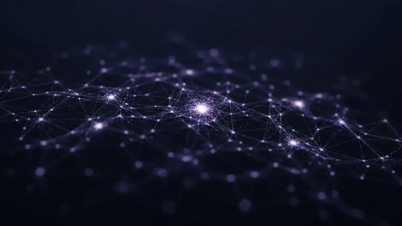 A cosmic web of light, like a neural network, with glowing nodes representing galaxies in dark space, suggesting an interconnected awareness.