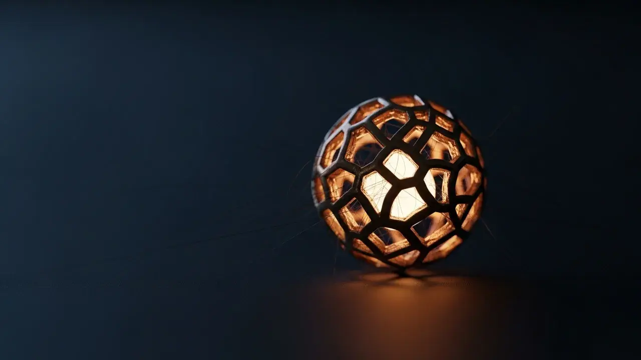 A length of black thread tied in tight knots around a small dark object, lit from one side.