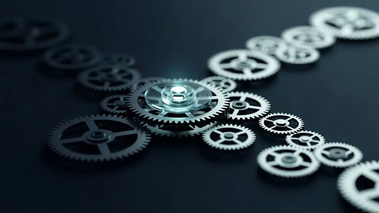 An intricate, glowing clockwork mechanism with gears representing past, present, and future, all interlocked and moving in a precise dance.