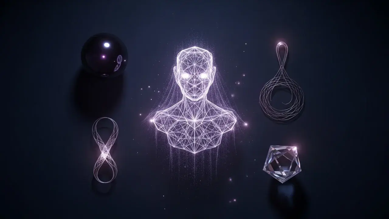 A translucent, geometric, and softly glowing entity emerges from a shimmering veil, suggesting a presence from another dimension.