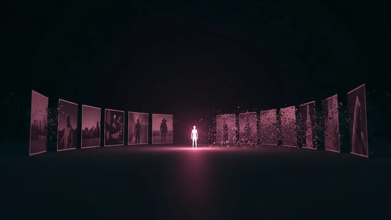 A series of translucent, dissolving dream images, with one future scene faintly glowing as if solidifying from the others.
