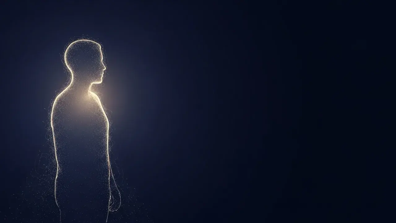 A faint, translucent silhouette of a person dissolves into mist in a quiet, dimly lit room.