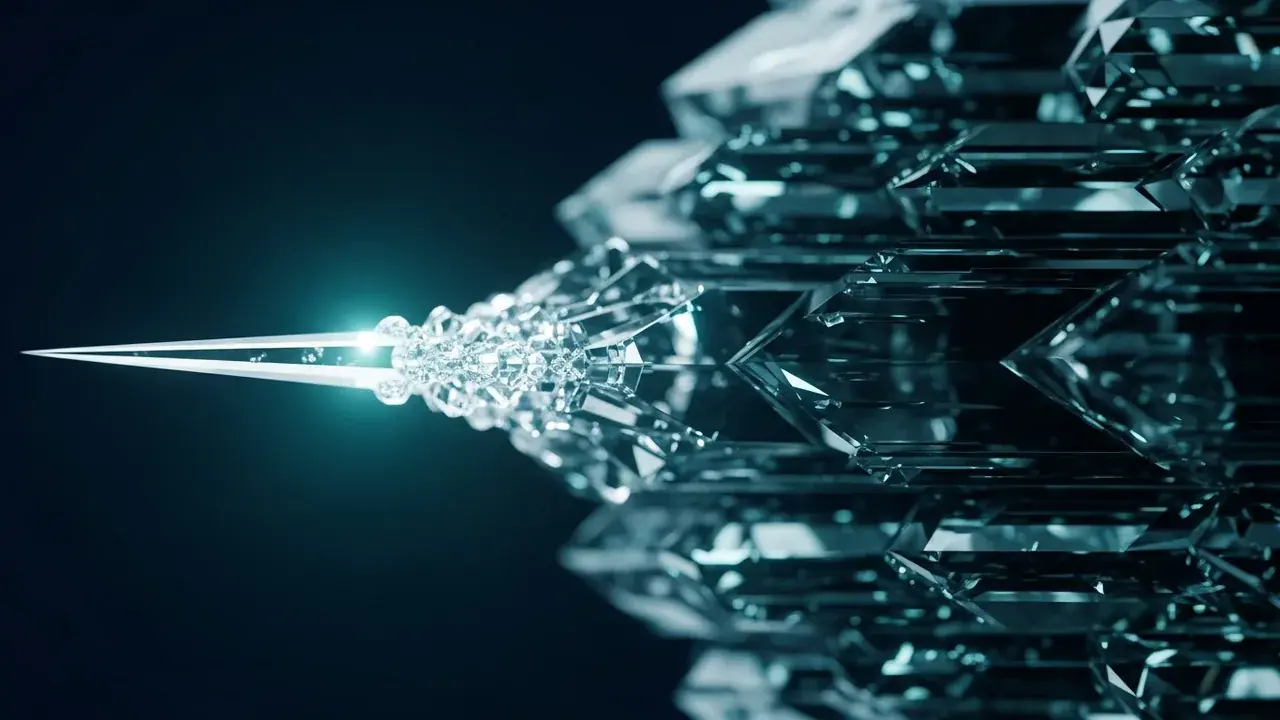 A translucent, expanding crystalline structure with solidified past layers behind a sharp, illuminated present edge forming new facets into a dark void.