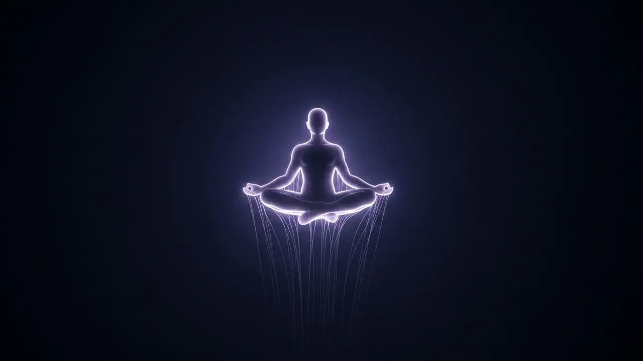 A solitary figure sits cross-legged just slightly above a simple platform, lit by soft directional light.