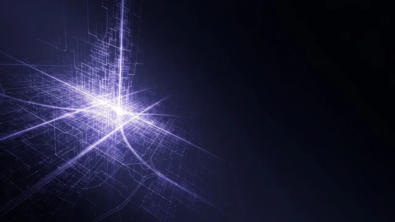 An ethereal, glowing blueprint of an intricate structure within a dark, boundless space, symbolizing the physical world as a mental construct.