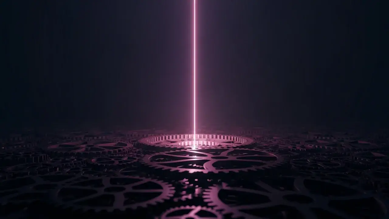 A single glowing thread of light extends past a complex, dimly lit network of gears, hinting at information beyond known systems.