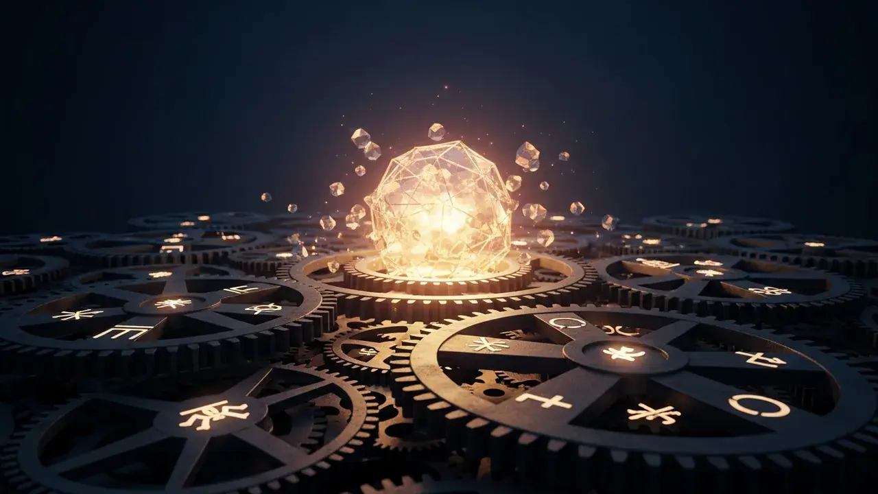 An intricate, delicate mechanism of interlocking gears turns, revealing a crystalline structure emerging, symbolizing karma shaping future lives.