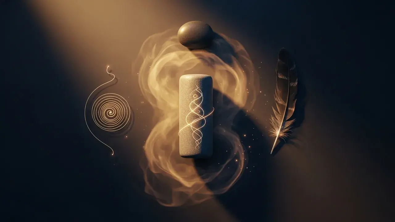 A lone stone pillar in a swirling, luminous mist, its surface showing evolving patterns of light.