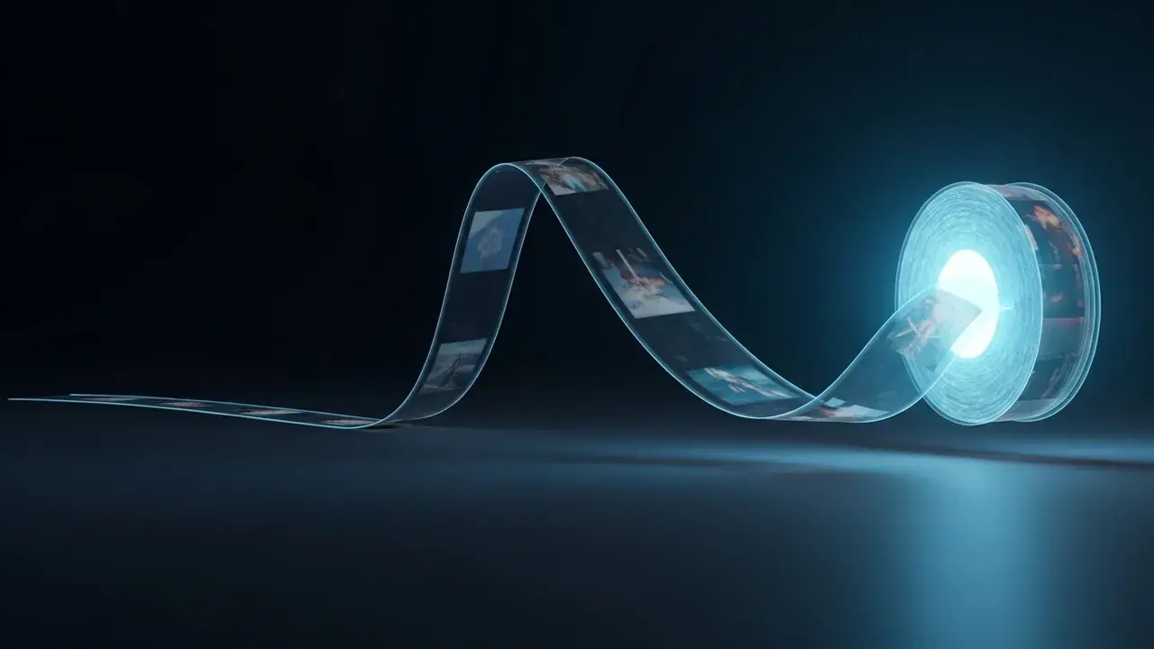 An ethereal, looping ribbon of light with subtle, shifting images embedded within, unspooling from a glowing core in a soft, boundless space.