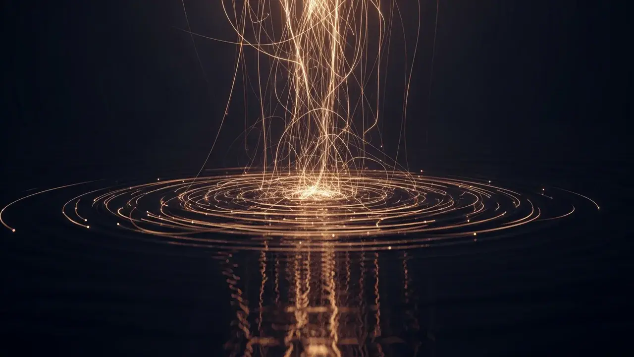 A circle of candles burns around a single open book on a worn wooden table.