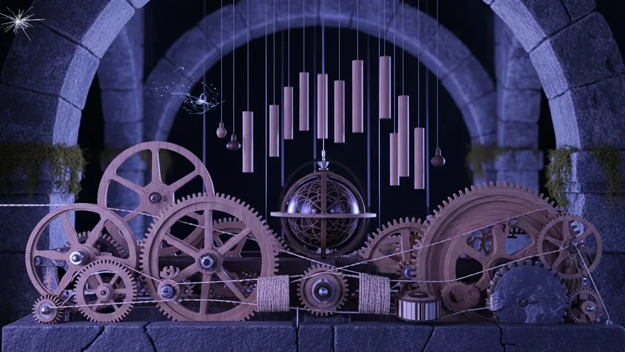 An elaborate, self-contained clockwork mechanism made of organic and inorganic materials, with a small, glowing wisp of light floating independently nearby.