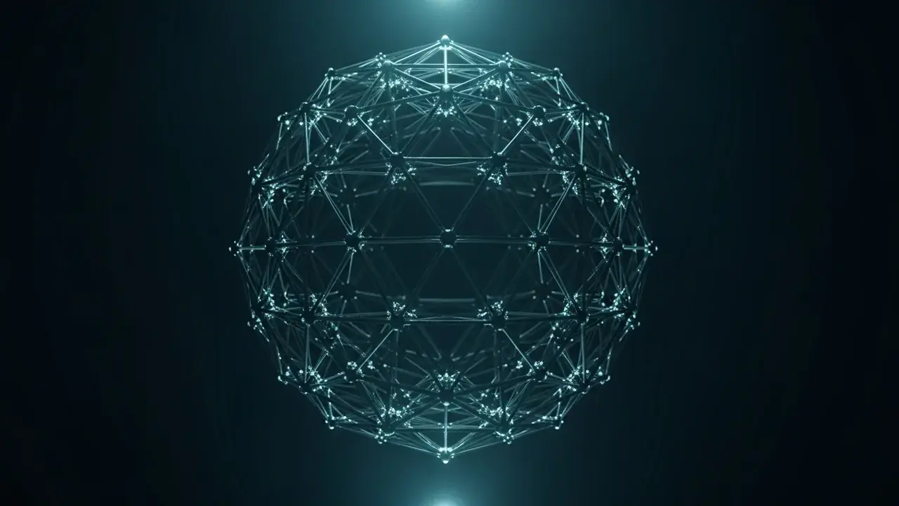 An intricate, glowing geometric lattice extends infinitely into a dark cosmic void, emanating ethereal light from its connections.