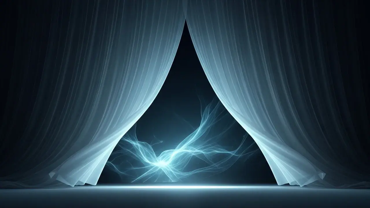A translucent veil, gently parted, reveals faint, swirling wisps of light and shadow on the other side.