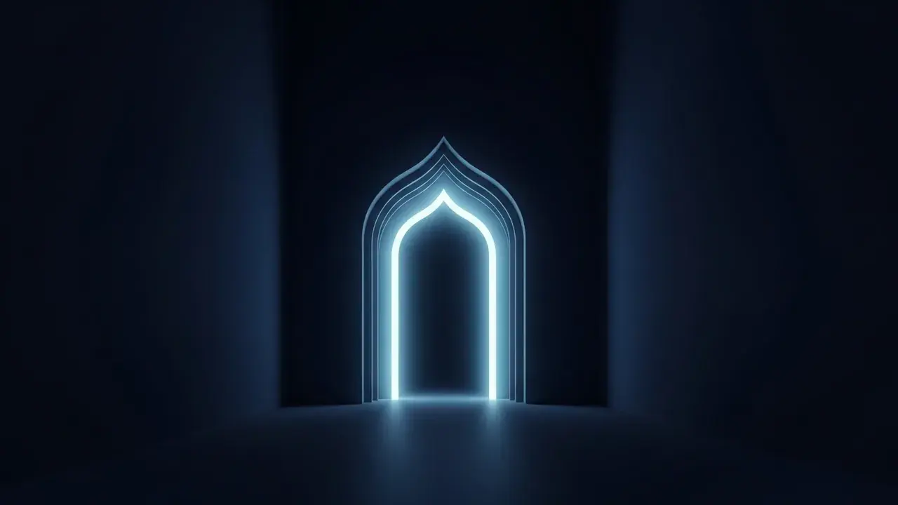 A serene, softly glowing gateway at the end of a dark corridor, symbolizing a structured transition.