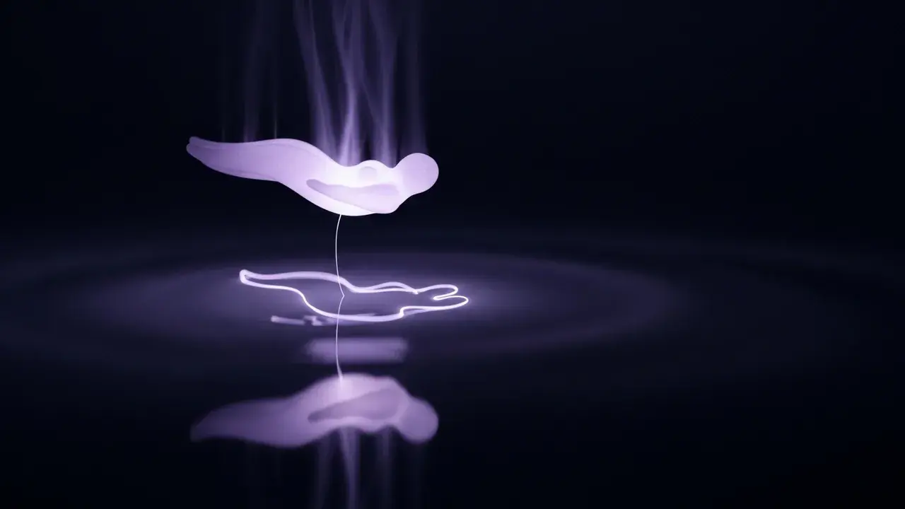A lone human silhouette floats above an abstract body, connected by a faint thread of light in a dark, vast space.