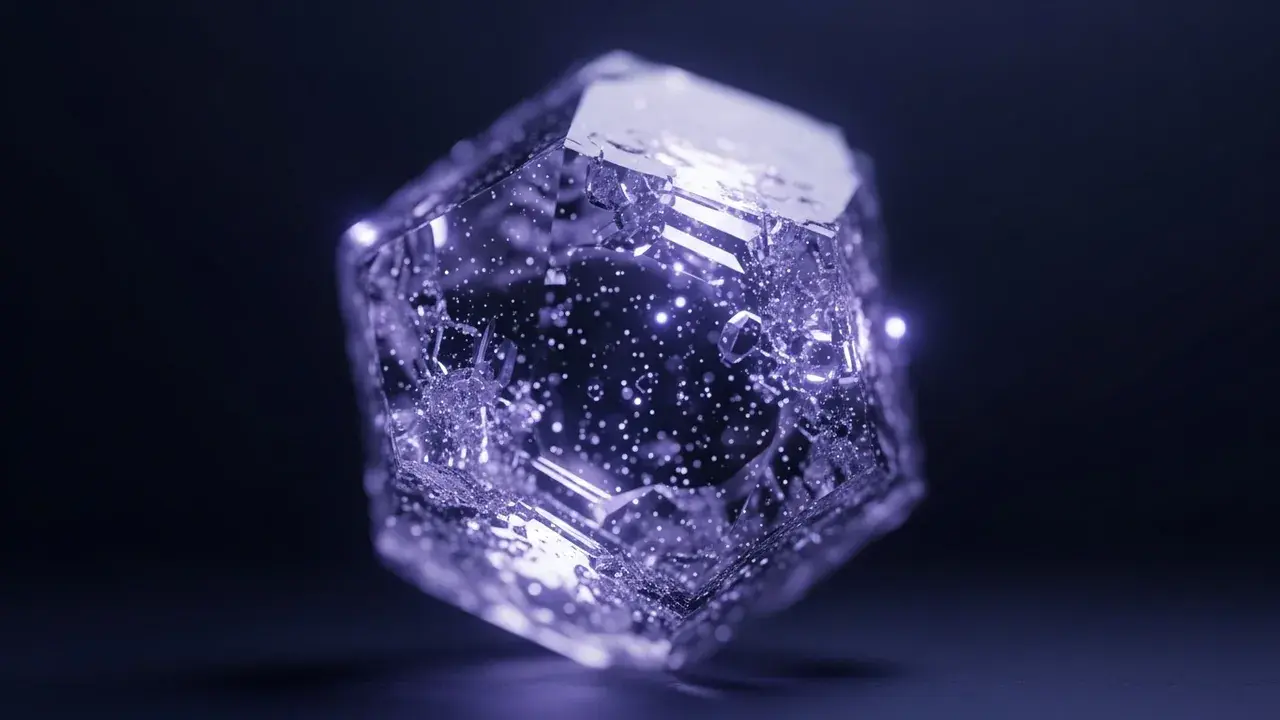 An intricate, glowing crystal structure with small points of light within, symbolizing consciousness in matter.