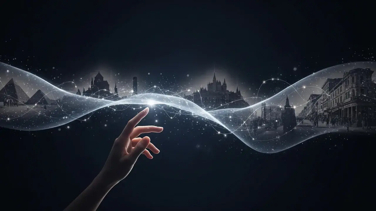 A child's hand reaching towards a shimmering veil, revealing faint, layered historical scenes connected by a thread of light.