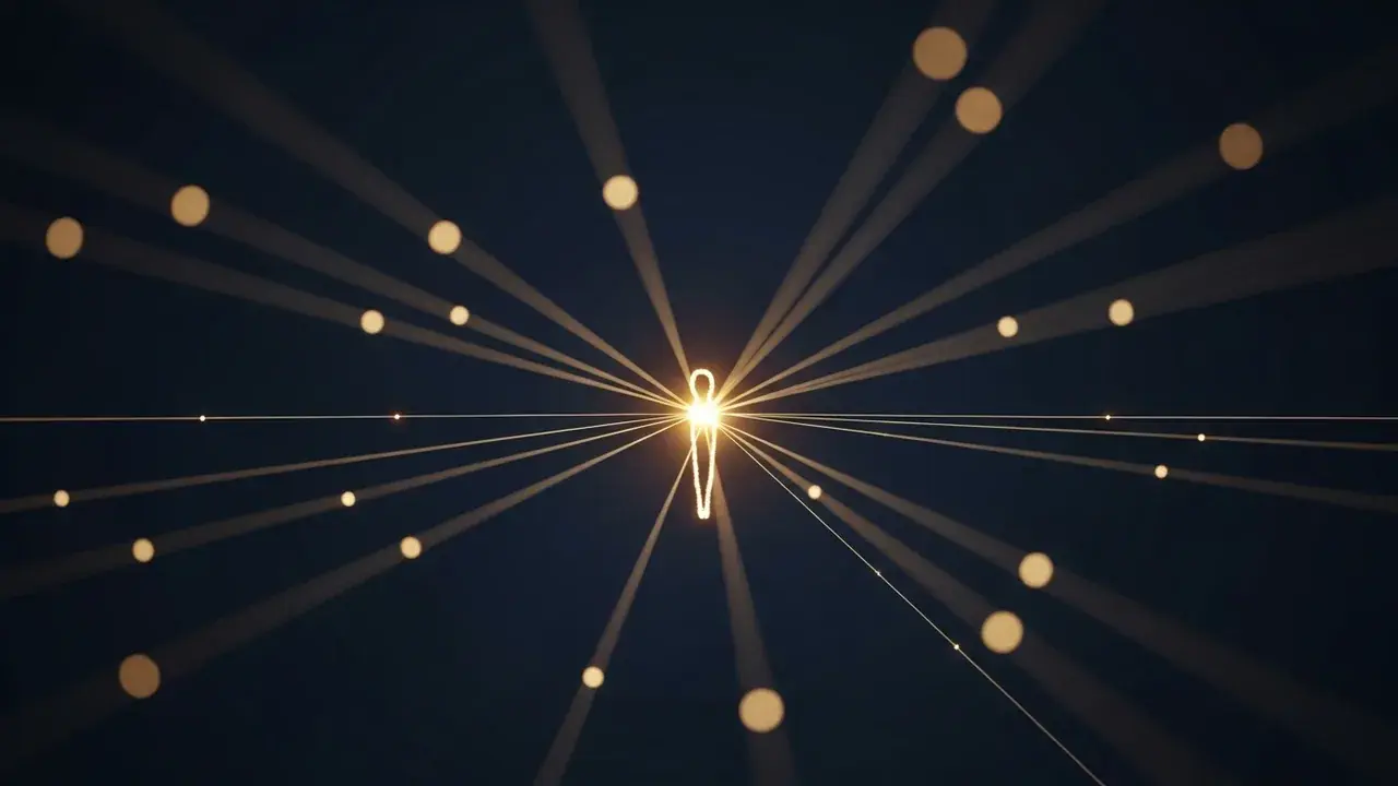 Glowing threads, each representing a relationship, converge towards a central human figure, illustrating predetermined connections.