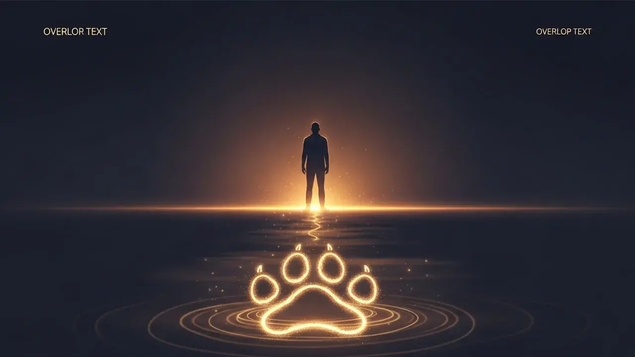 A symbolic paw print materializes from mist, moving toward a lone human silhouette in a calm, softly lit landscape.