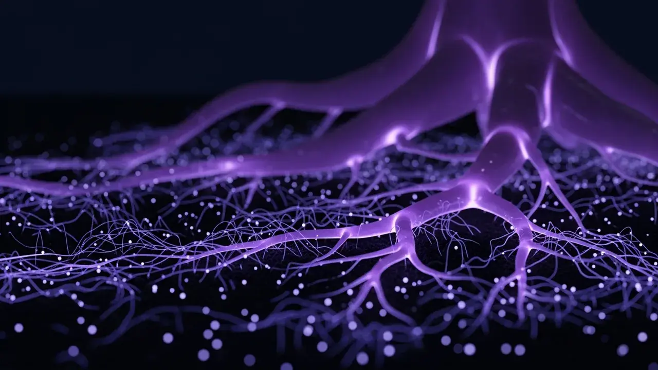 A glowing network of roots and tendrils extends through dark soil, illuminated from within, suggesting hidden activity.