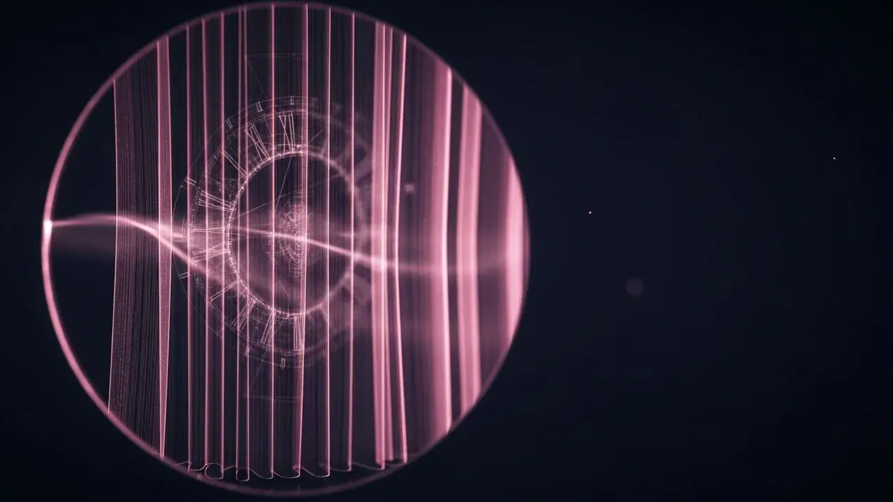 A translucent, shimmering curtain, subtly hinting at a future image, suspended in a dark void.