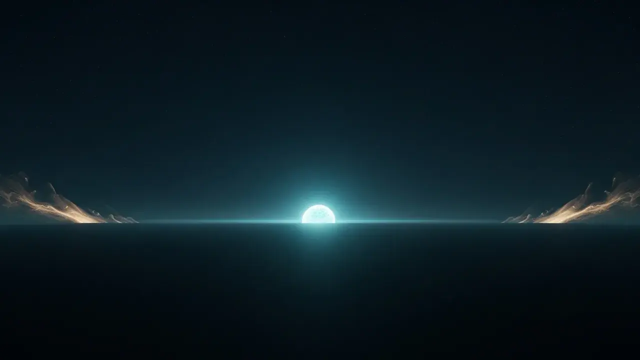 A single, sharply defined point of light at the center of a vast dark expanse, with faint, dissolving wisps at the edges.