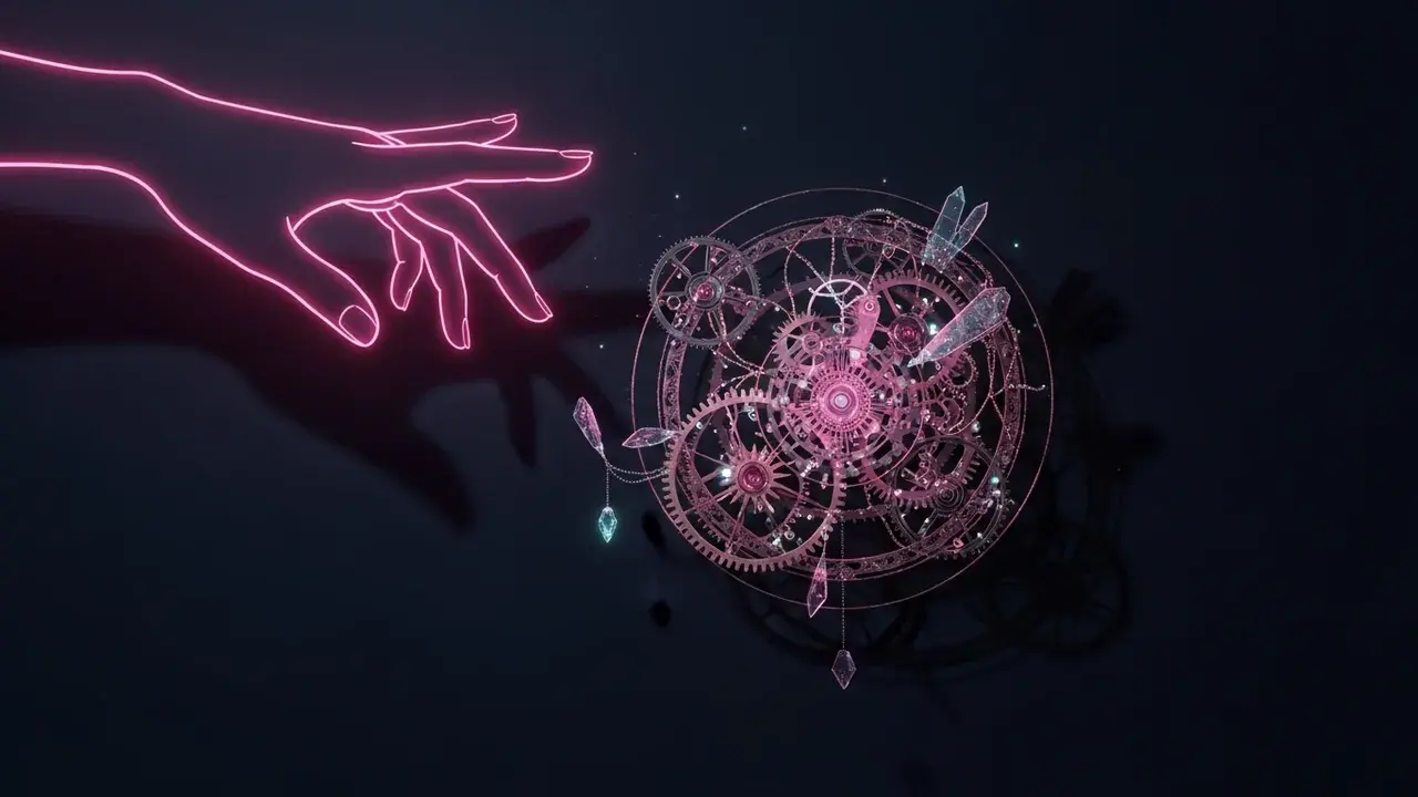 An ethereal hand silhouette subtly influences a suspended, intricate mechanism in a dark, quiet space, symbolizing psychokinesis.