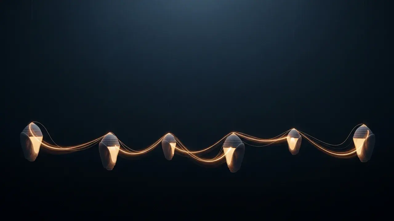 A glowing thread connecting several empty chrysalis-like forms, symbolizing the continuity of life through different incarnations.