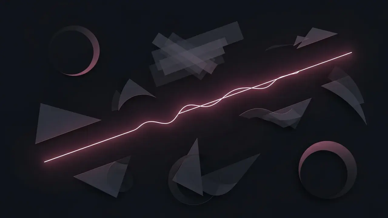 A faint beam of light illuminates distant, indistinct architectural forms or landscapes within a dark, abstract void.