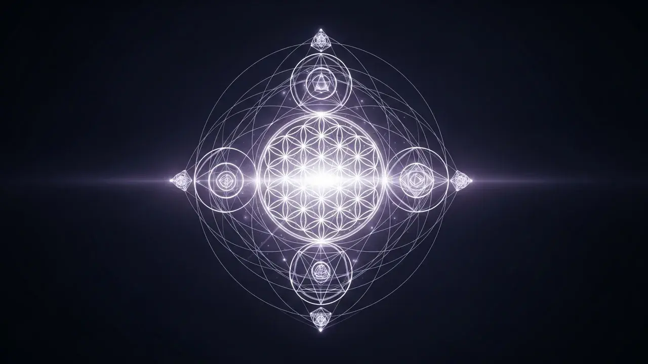 An abstract illustration of glowing sacred geometry, including a translucent Flower of Life and Platonic solids, all gently lit and interconnected by faint golden ratio spirals, set against a calm, undefined background.