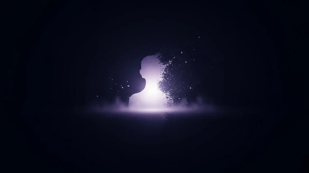 A tall, featureless dark humanoid silhouette stands at the edge of a softly lit doorway.