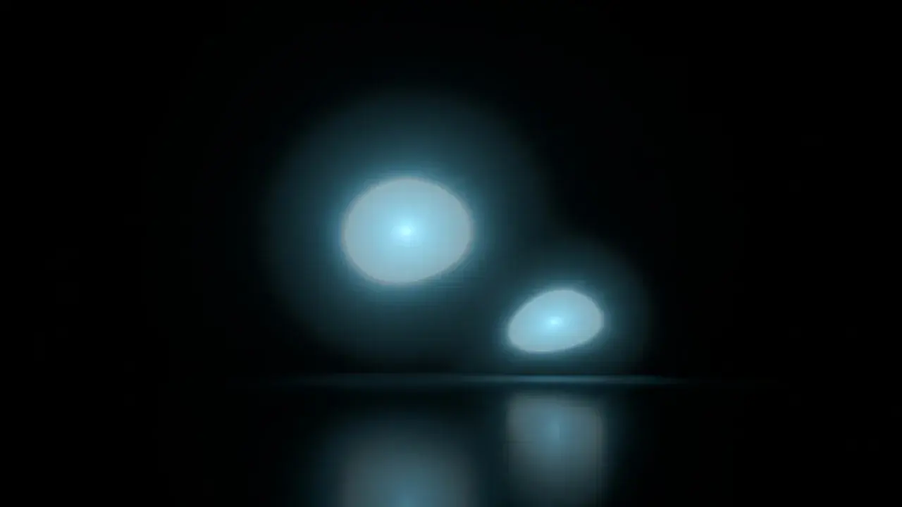 Two luminous, abstract forms, one fading while the other reflects its light in a serene, shared space.