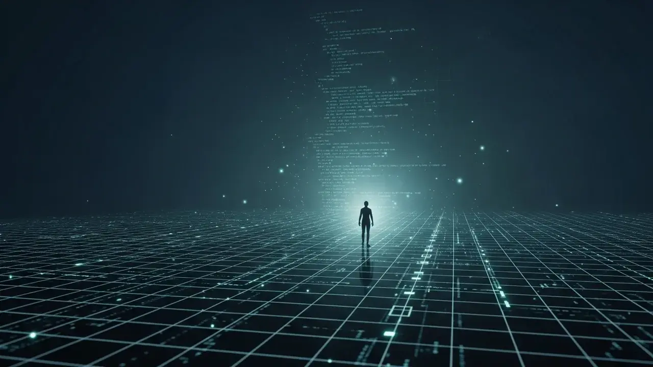 A lone human silhouette stands within a vast, dimly lit digital grid, where lines of code faintly shimmer.
