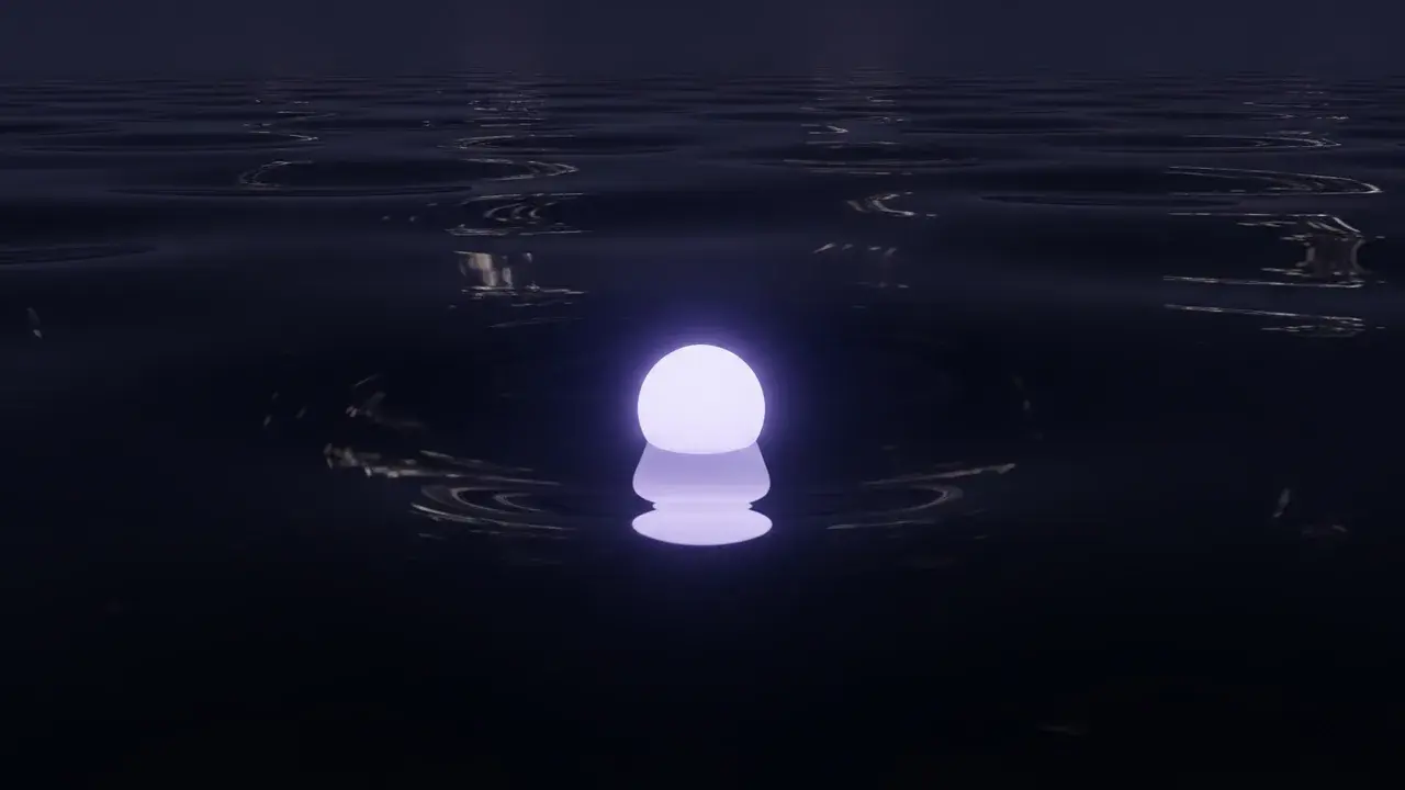 A single, glowing point of light in a dark, infinite, reflective void, with reflections stretching out from it.